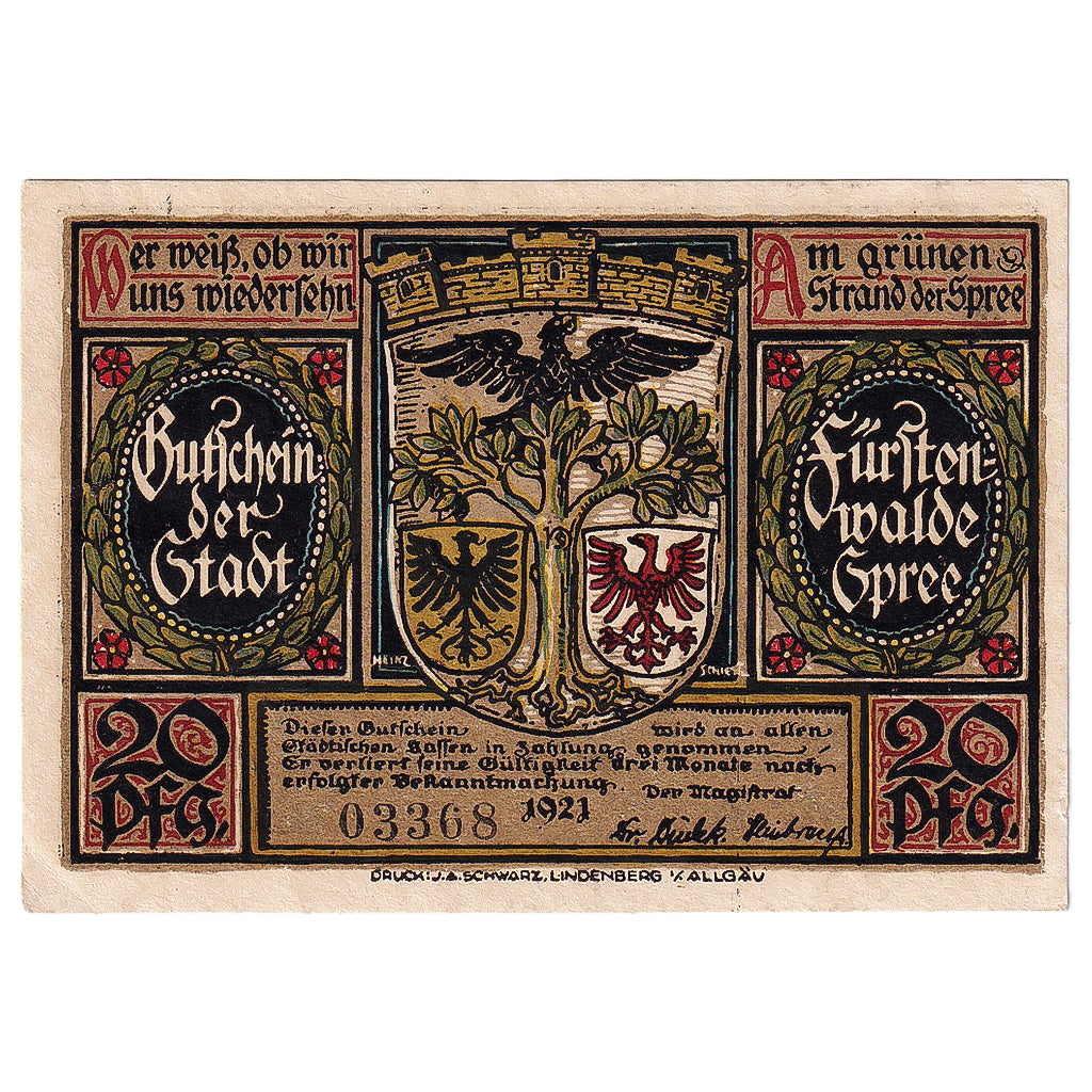 Billete, Alemania, Fürstenwalde, 20 Pfennig, Blason, 1921, SC, Mehl:403.1a