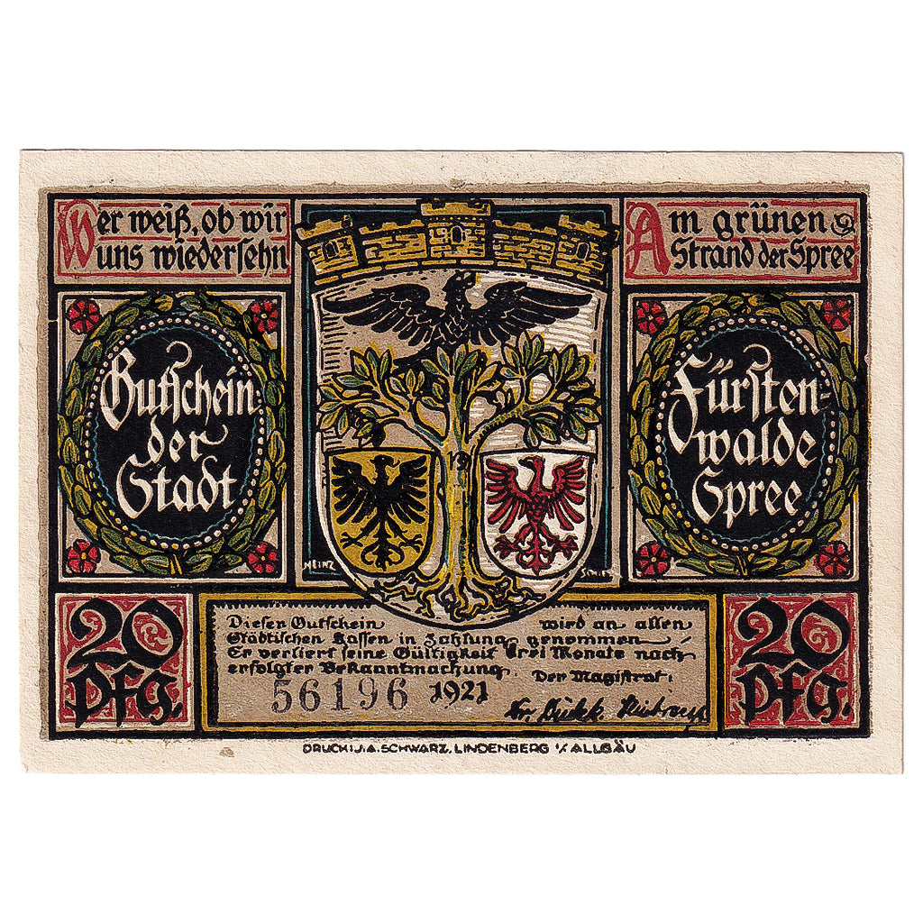 Geldschein, Deutschland, Fürstenwalde, 20 Pfennig 1921, UNZ- Mehl:403.1a