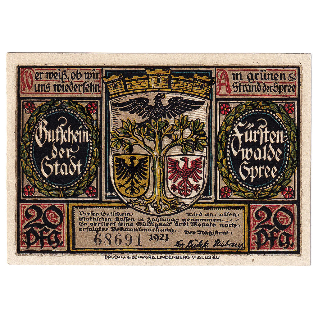 Banknot, Niemcy, Fürstenwalde, 20 Pfennig, aigle, 1921, UNC(63), Mehl:403.1a