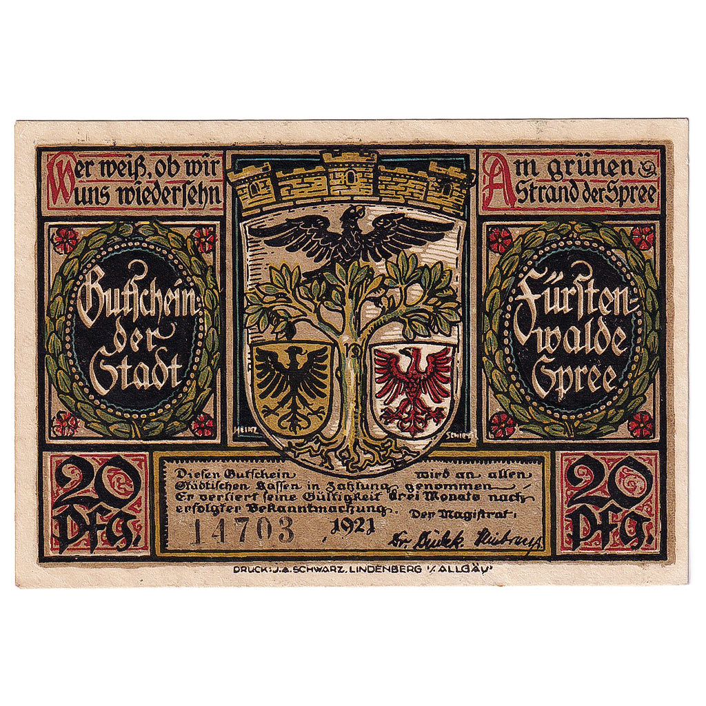 Banconote, Germania, Fürstenwalde, 20 Pfennig, Animaux, 1921, SPL, Mehl:403.1a