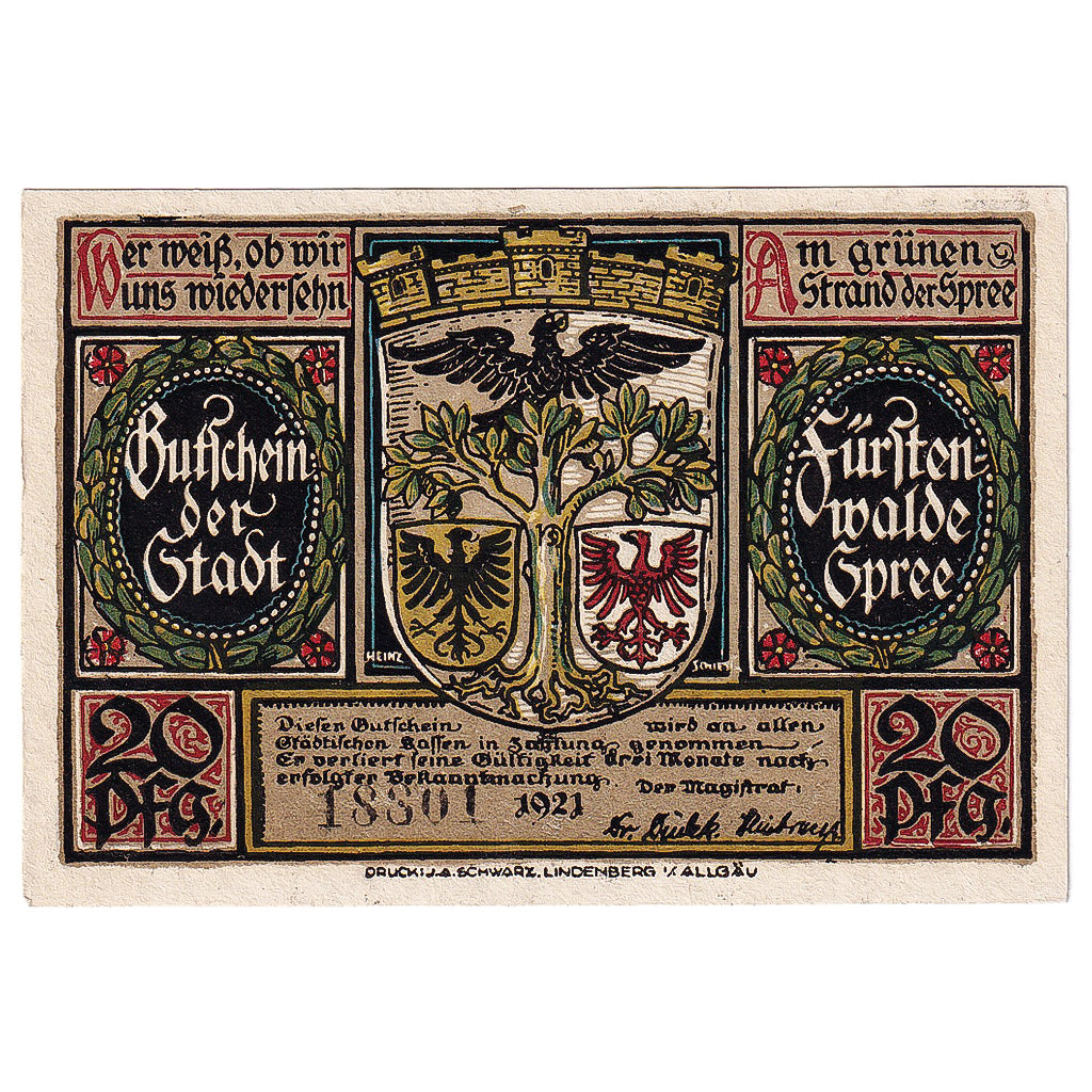 Banknot, Niemcy, Fürstenwalde, 20 Pfennig, chevalier, 1921, UNC(63) Mehl:403.1a