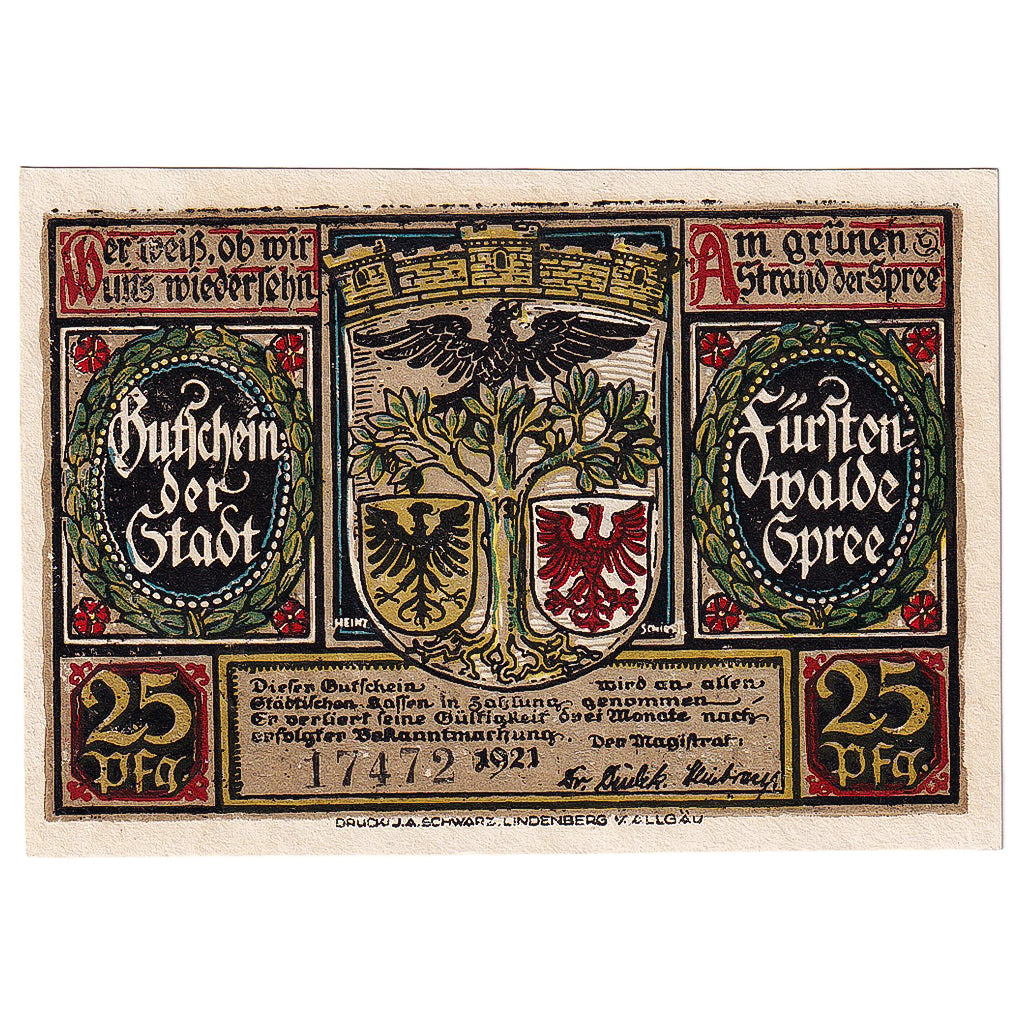 Geldschein, Deutschland, Fürstenwalde 25 Pfennig Bataille 1921, UNZ- Mehl:403.1a
