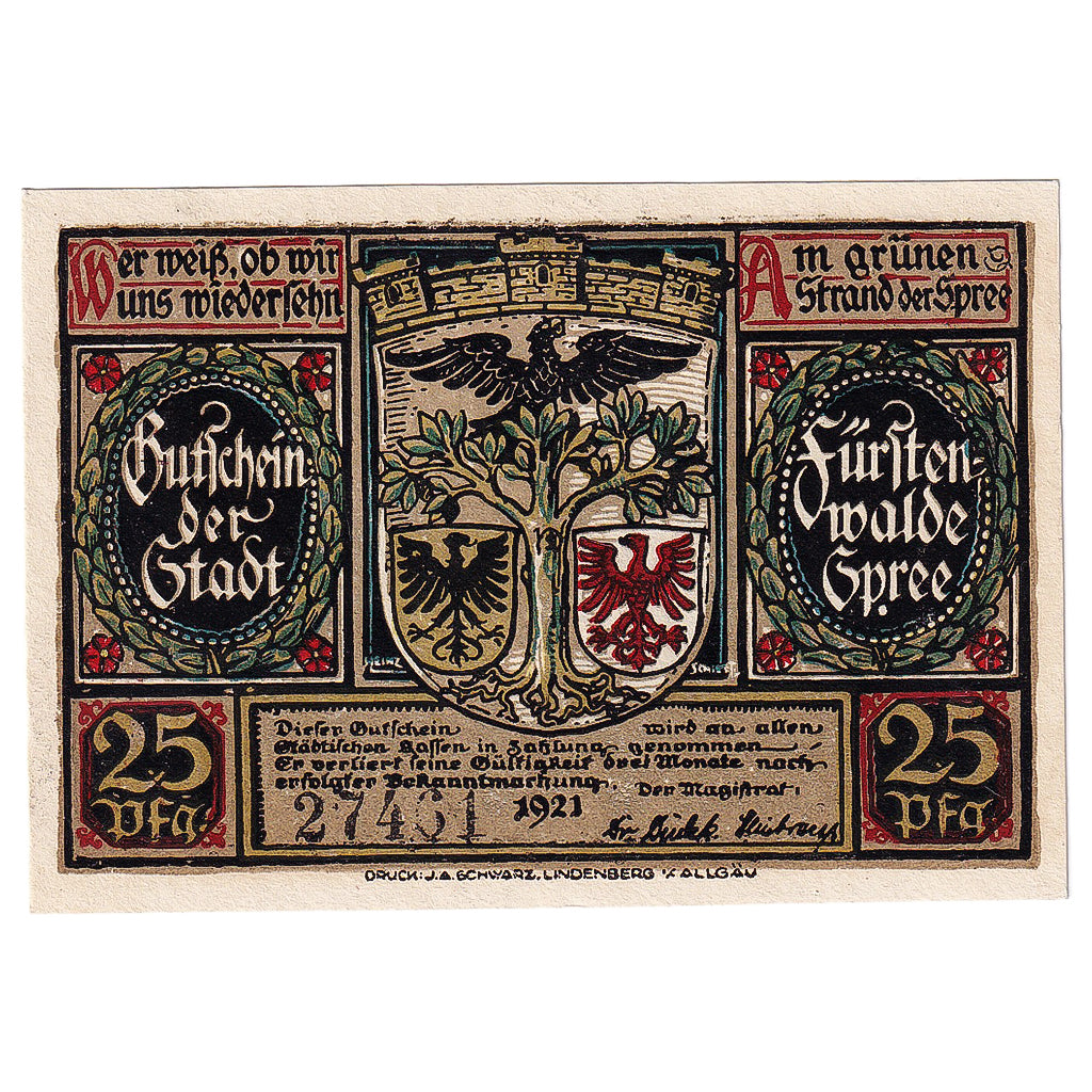Banconote, Germania, Fürstenwalde, 25 Pfennig, impôts, 1921, SPL, Mehl:403.1a