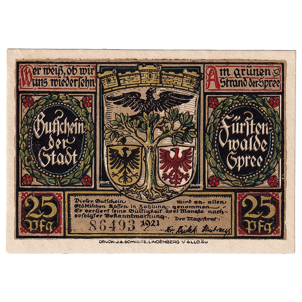 Geldschein, Deutschland, Fürstenwalde, 25 Pfennig victoire 1921 UNZ- Mehl:403.1a