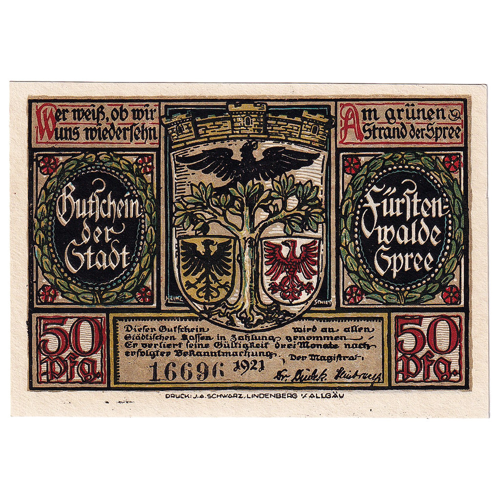 Geldschein, Deutschland, Fürstenwalde, 50 Pfennig 1921, UNZ- Mehl:403.1a