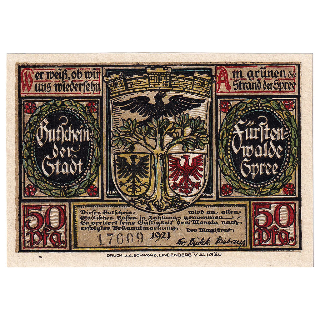 Banknot, Niemcy, Fürstenwalde, 50 Pfennig, Bataille, 1921, UNC(63), Mehl:403.1a