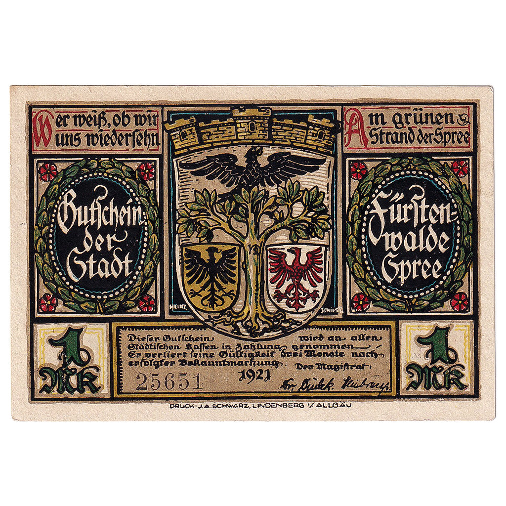 Billete, Alemania, Fürstenwalde, 1 Mark, personnage, 1921, SC, Mehl:403.1a