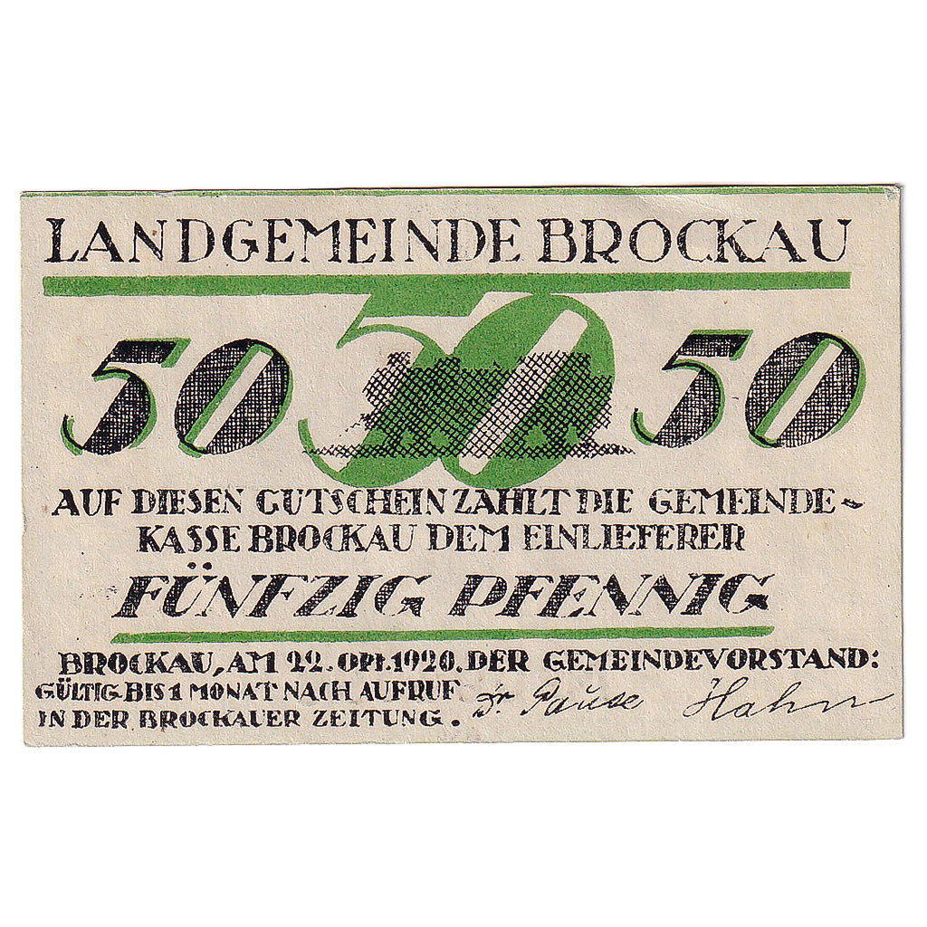 Geldschein, Deutschland, Brockau, 50 Pfennig, Texte 1920-10-22, UNZ- Mehl:189.1a