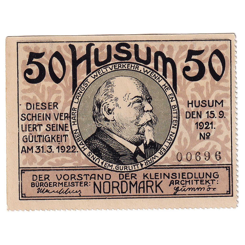 Geldschein, Deutschland, Husum, 50 Pfennig, portrait, 1922, UNZ- Mehl:640.1a