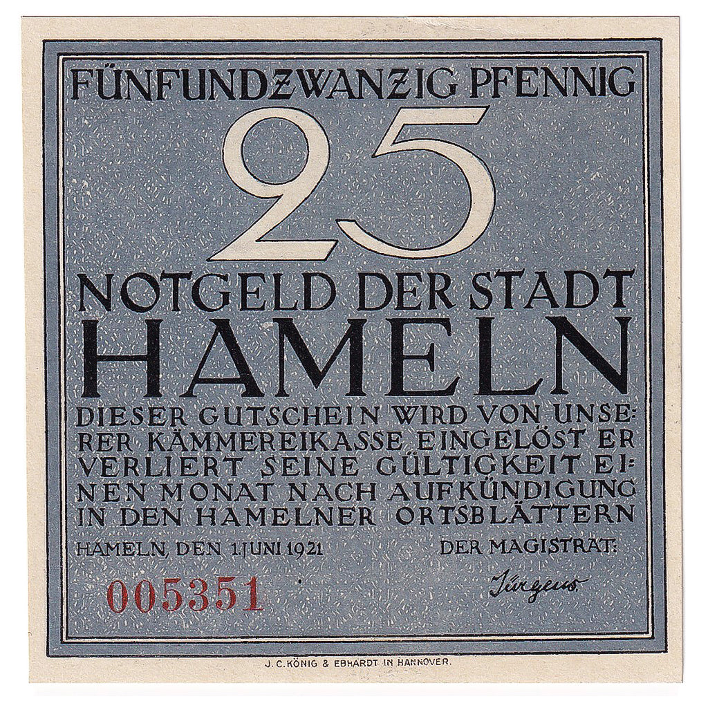Banknot, Niemcy, Hameln, 25 Pfennig, personnage 1921-06-01, UNC(63) Mehl:566.1a