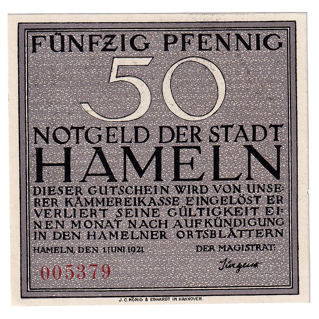 Banconote, Germania, Hameln, 50 Pfennig, personnage 1921-06-01, SPL Mehl:566.1a
