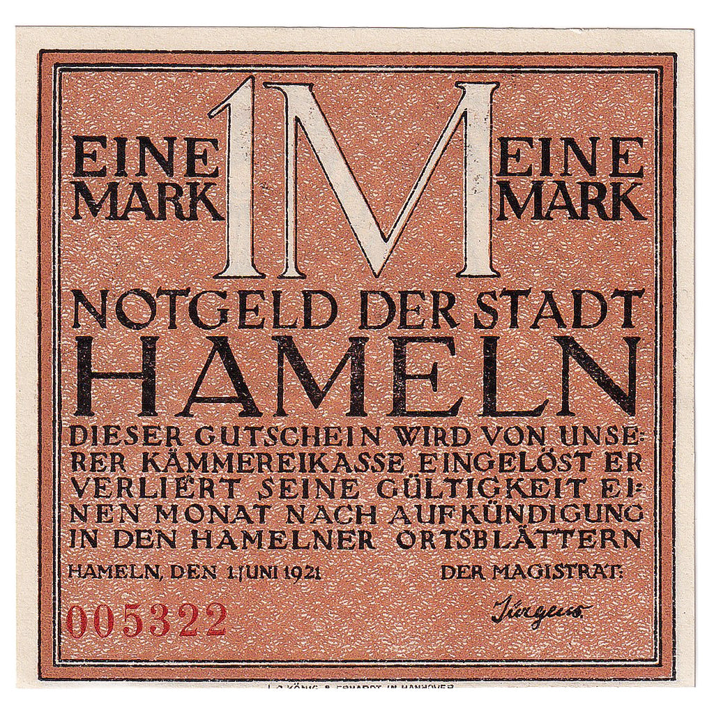 Geldschein, Deutschland, Hameln, 1 Mark, personnage 1921 UNZ- Mehl:566.1a