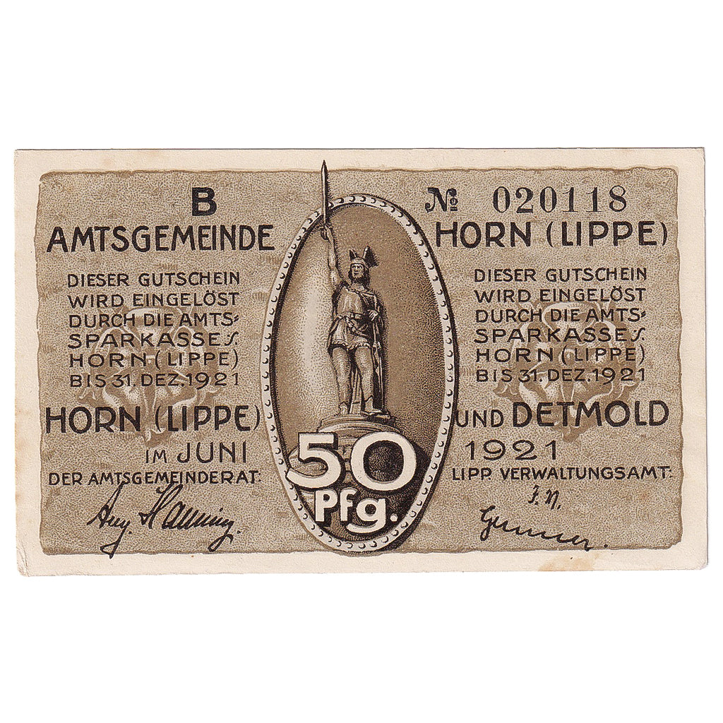 Banknot, Niemcy, Horn, 50 Pfennig, Bataille, 1921, UNC(63), Mehl:628.1a