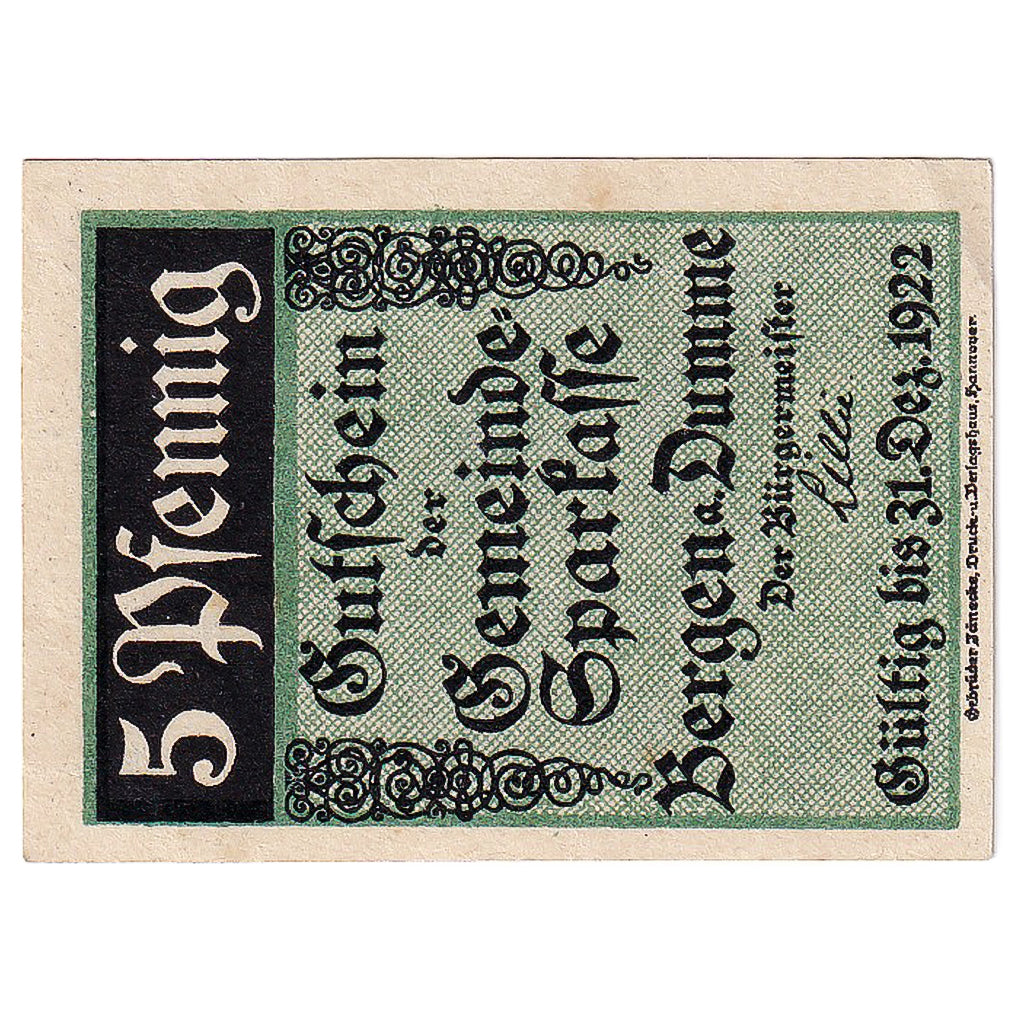 Banconote, Germania, Bergen, 5 Pfennig, Maison 1922-12-31, SPL Mehl:78.1a
