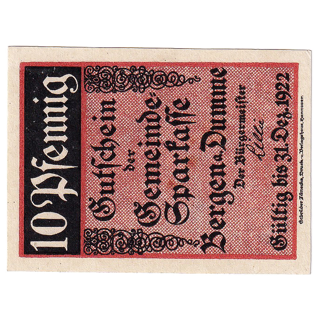 Geldschein, Deutschland, Bergen, 10Pfennig métier à tisser, 1922 UNZ- Mehl:78.1a