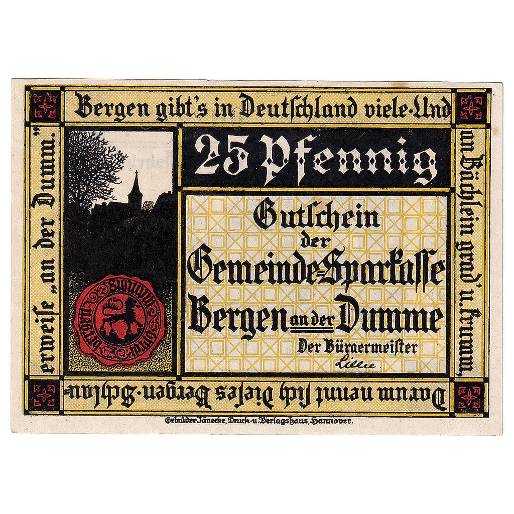 Geldschein, Deutschland, Bergen, 25 Pfennig, personnage 1922 UNZ- Mehl:78.1a