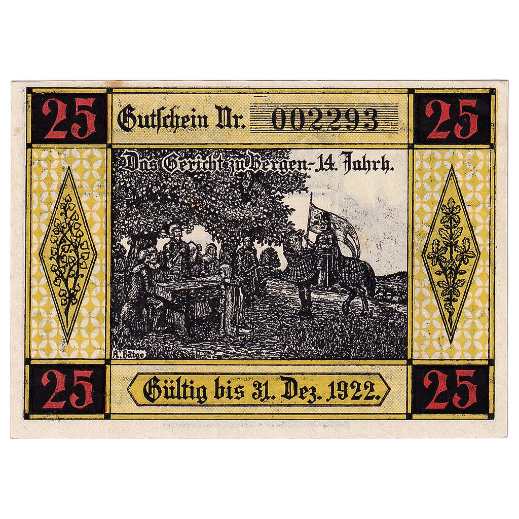 Geldschein, Deutschland, Bergen, 25 Pfennig, personnage 1922 UNZ- Mehl:78.1a
