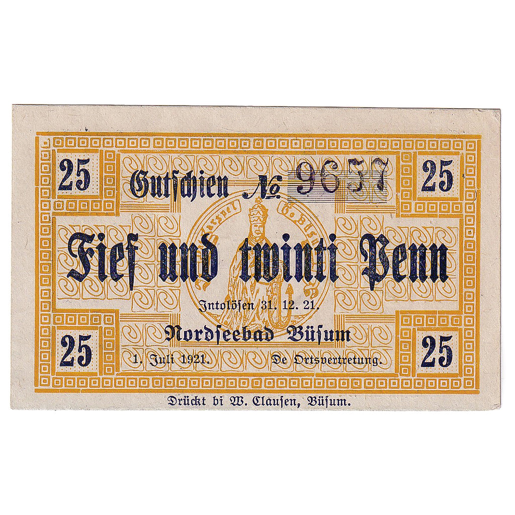 Geldschein, Deutschland, Büsum, 25 Pfennig, mer 1921-12-31, UNZ- Mehl:202.1