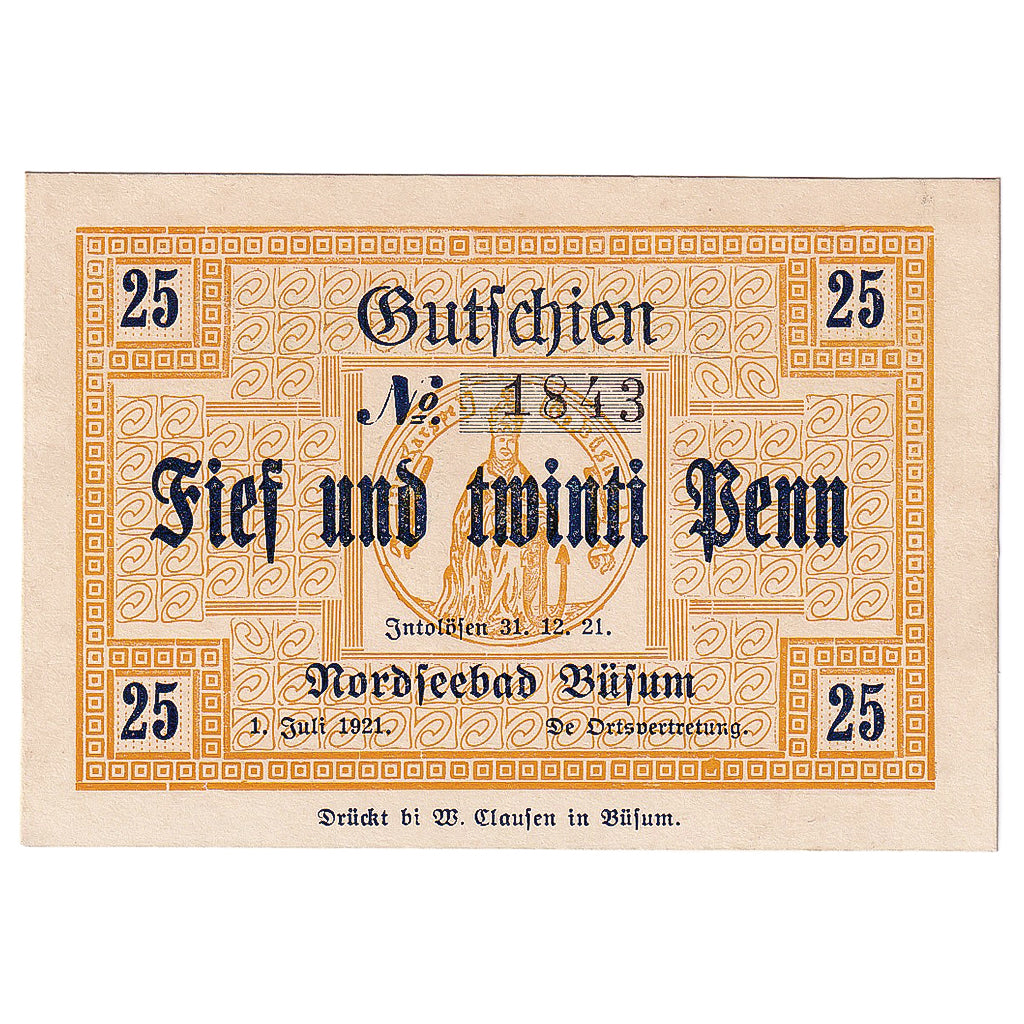 Geldschein, Deutschland, Büsum, 25 Pfennig, personnage 1921 UNZ- Mehl:202.1
