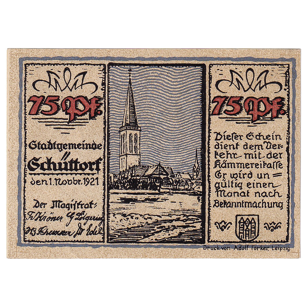 Geldschein, Deutschland, Schuttorf, 75 Pfennig, Ville, 1921 UNZ- Mehl:1202.1
