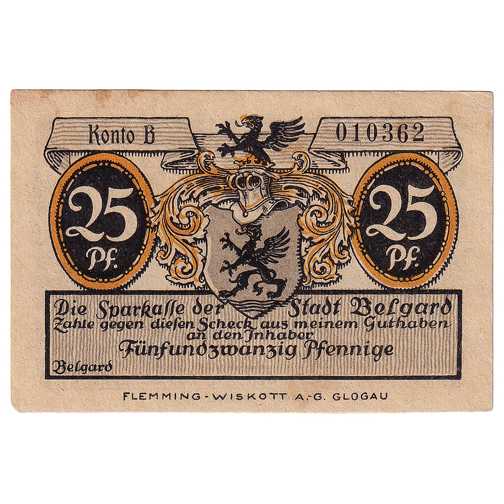 Billete, Alemania, Belgard, 25 Pfennig, Blason, EBC, Mehl:69.1a