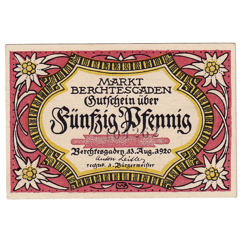 Nota, Alemanha, Berchtesgaden, 50 Pfennig, montagne 1920-08-13 UNC(63) Mehl:76.2