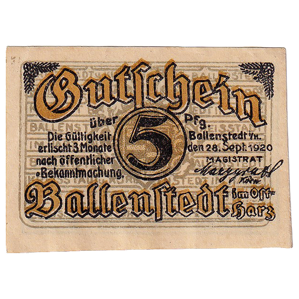 Geldschein, Deutschland, Ballenstedt, 5 Pfennig, Forêt, 1920 UNZ- Mehl:61.2