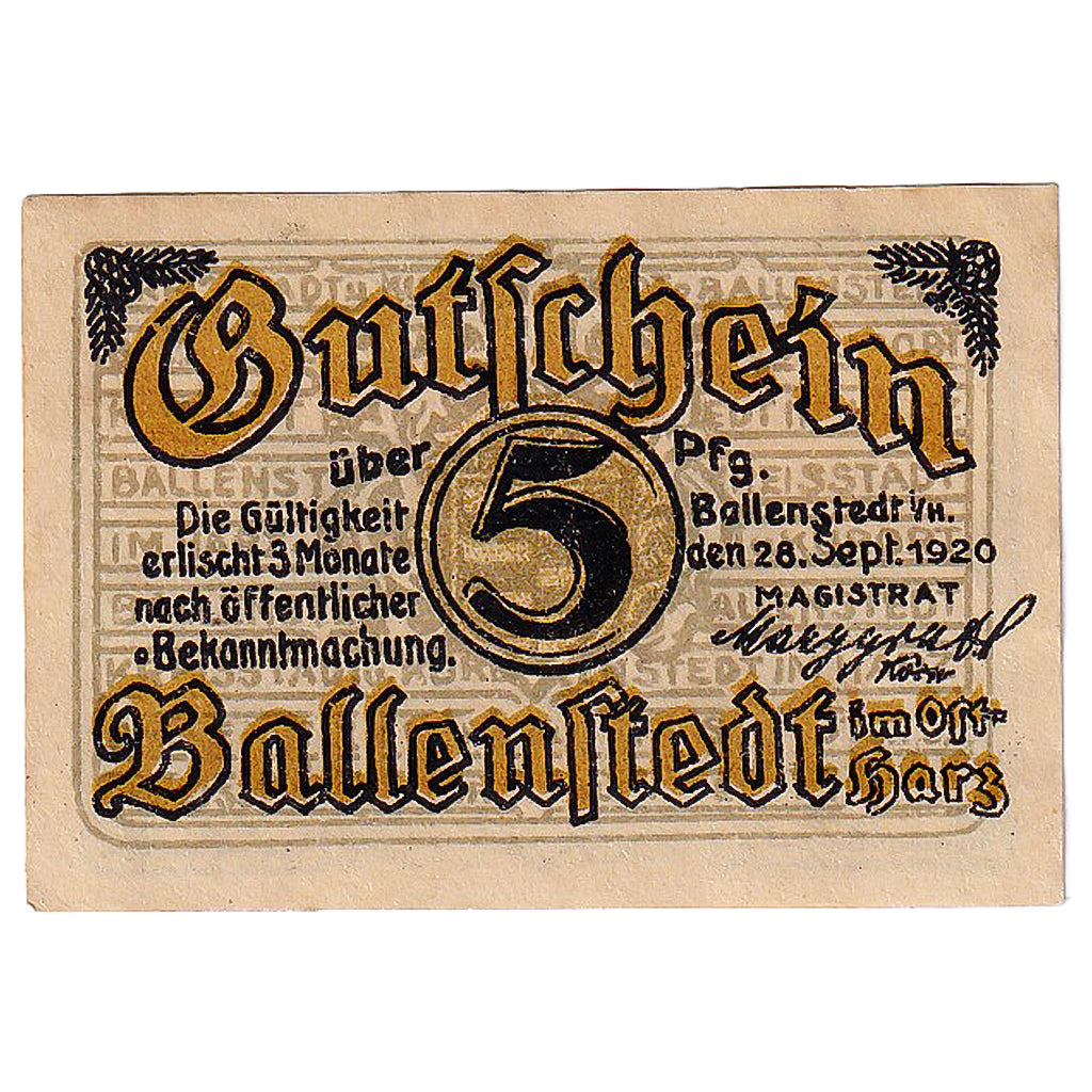 Banknot, Niemcy, Ballenstedt, 5 Pfennig, rocher 1920-09-28, UNC(63) Mehl:61.2