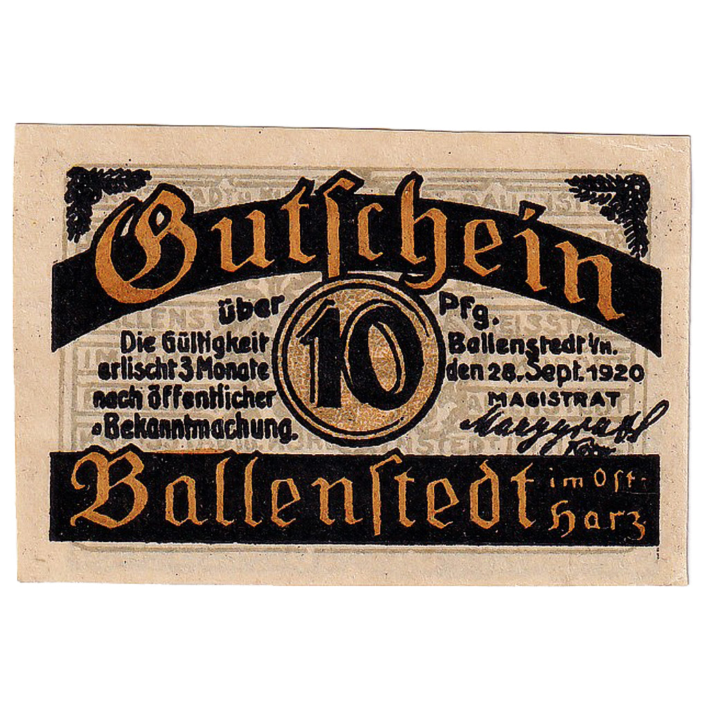 Banknot, Niemcy, Ballenstedt, 10 Pfennig, mairie 1920-09-28, UNC(63) Mehl:61.2