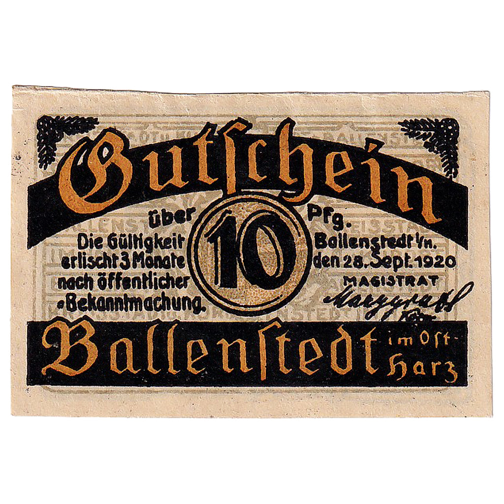 Banknot, Niemcy, Ballenstedt, 10 Pfennig, Colline 1920-09-28, UNC(63) Mehl:61.2