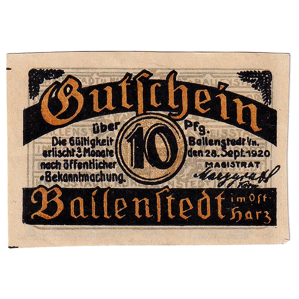 Banknot, Niemcy, Ballenstedt, 10 Pfennig, Eglise 1920-09-28, UNC(63) Mehl:61.2