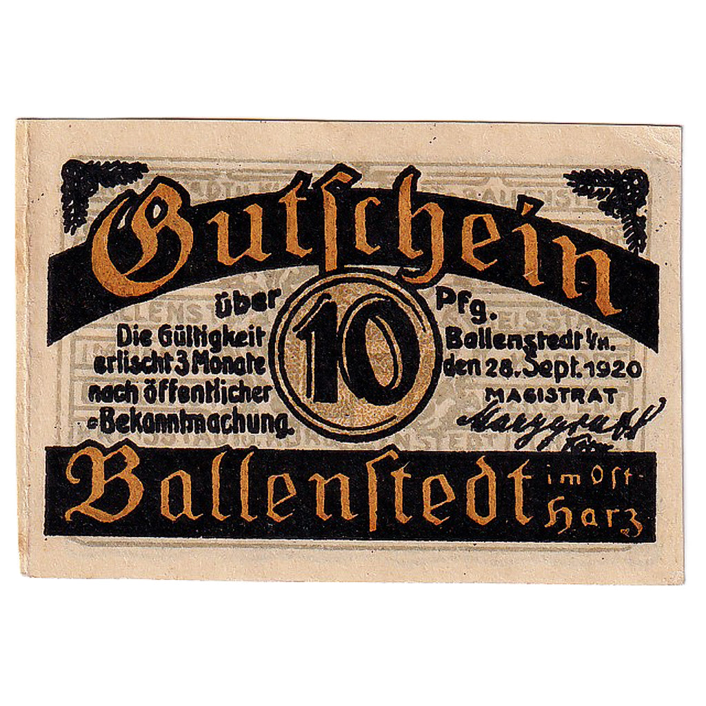 Banknot, Niemcy, Ballenstedt, 10 Pfennig, monastère 1920-09-28 UNC(63) Mehl:61.2