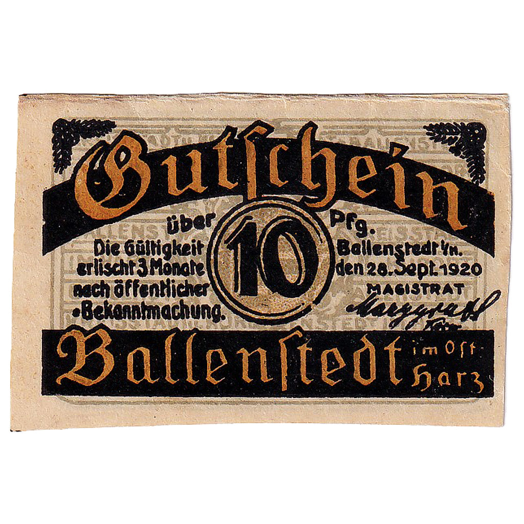 Nota, Alemanha, Ballenstedt, 10 Pfennig, route 1920-09-28, UNC(63) Mehl:61.2
