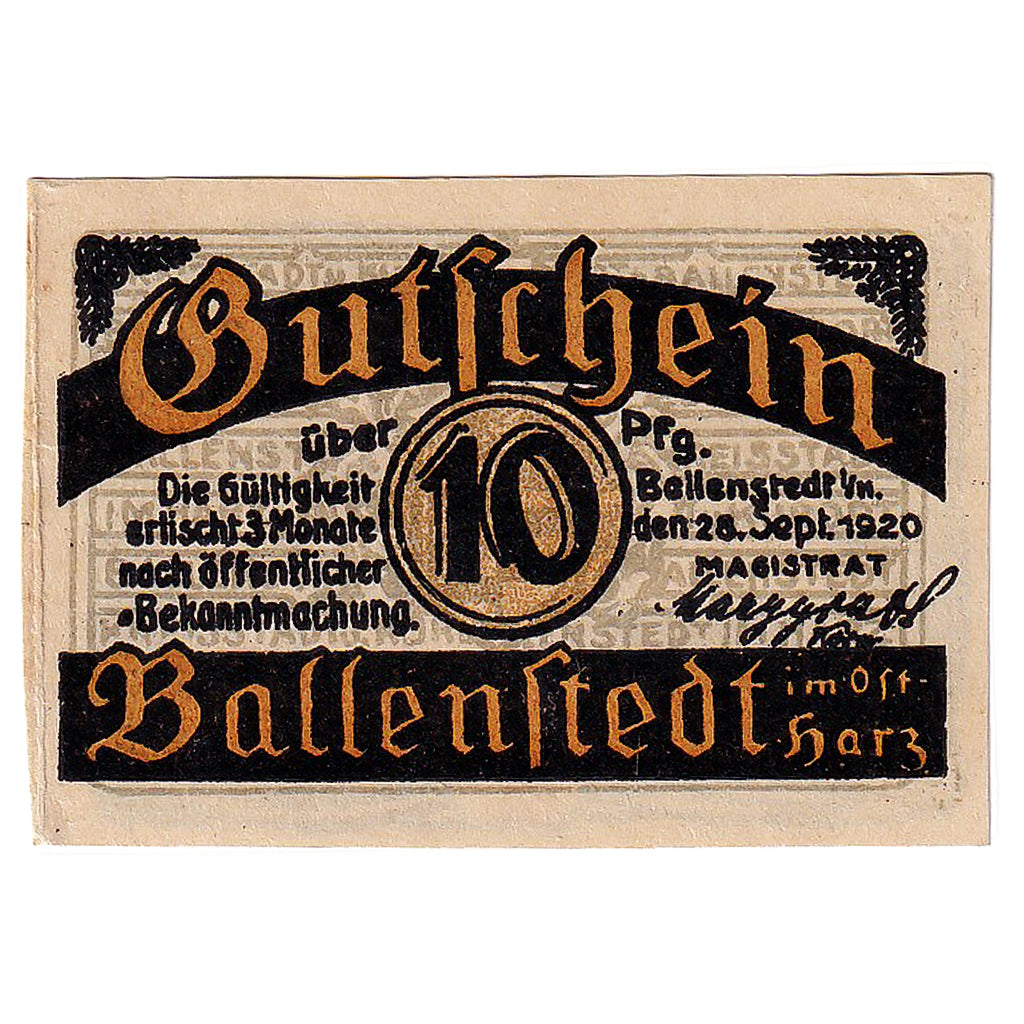 Geldschein, Deutschland, Ballenstedt, 10 Pfennig, hiver 1920 UNZ- Mehl:61.2