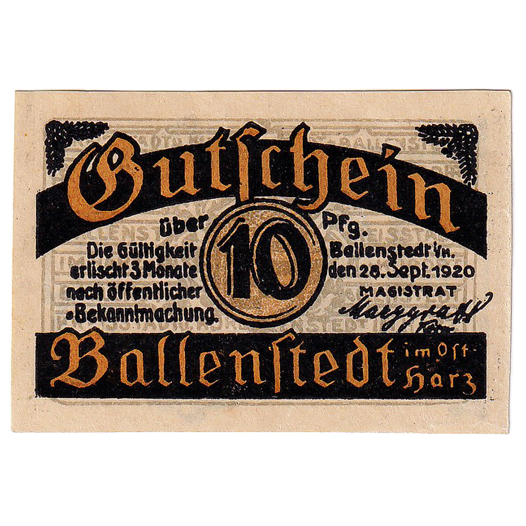 Banconote, Germania, Ballenstedt, 10 Pfennig, statue, 1920 SPL Mehl:61.2
