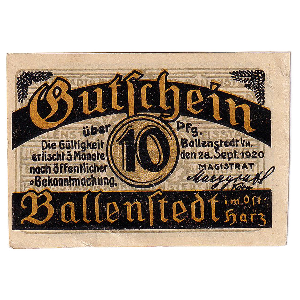 Banknot, Niemcy, Ballenstedt, 10 Pfennig, Monument 1920-09-28, UNC(63) Mehl:61.2