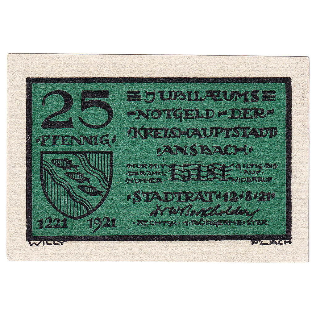 Banconote, Germania, Ansbach, 25 Pfennig, personnage, 1921 SPL Mehl:35.2c