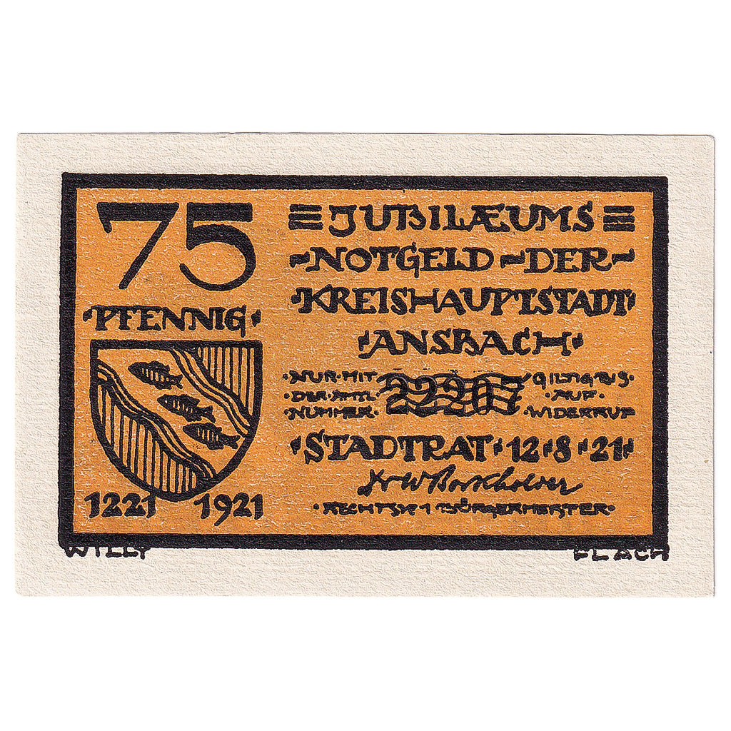 Banconote, Germania, Ansbach, 75 Pfennig, cheval 1921-08-12, SPL Mehl:35.2d