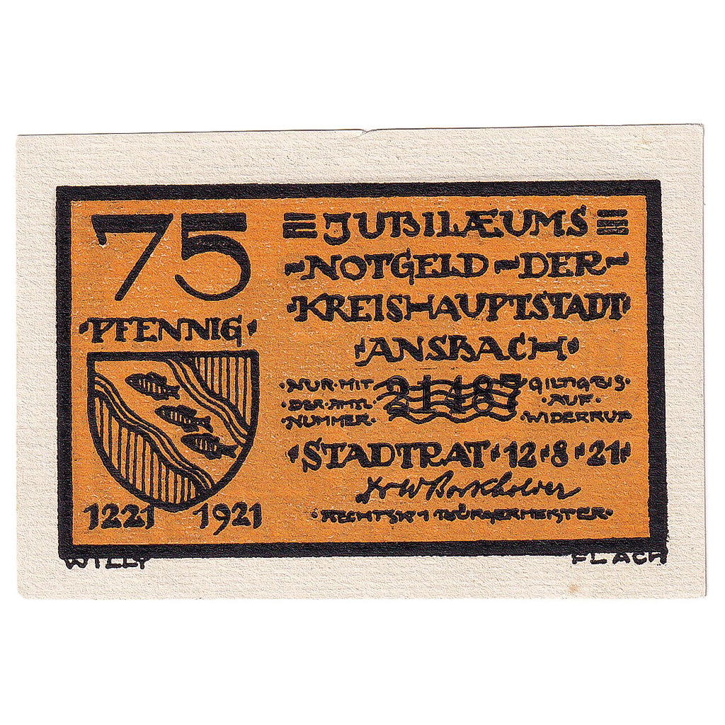Banconote, Germania, Ansbach, 75 Pfennig, Blason 1921-08-12, SPL Mehl:35.2d