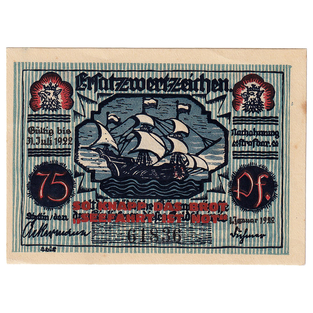 Banconote, Germania, Stettin, 75 Pfennig, personnage, 1922 SPL Mehl:1270.4a