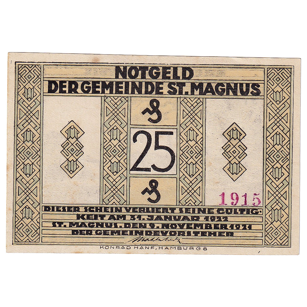Banconote, Germania, St Magnus, 25 Pfennig, paysage, 1921 SPL Mehl:1166.1