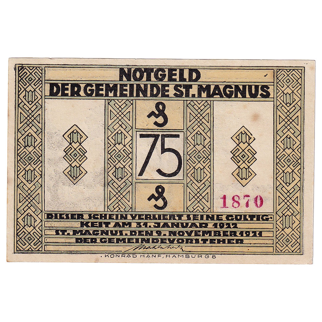 Geldschein, Deutschland, St Magnus, 75 Pfennig, paysage, 1921 UNZ- Mehl:1166.1
