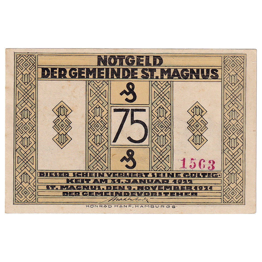 Billete, Alemania, St Magnus, 75 Pfennig, Forêt, 1921 SC Mehl:1166.1
