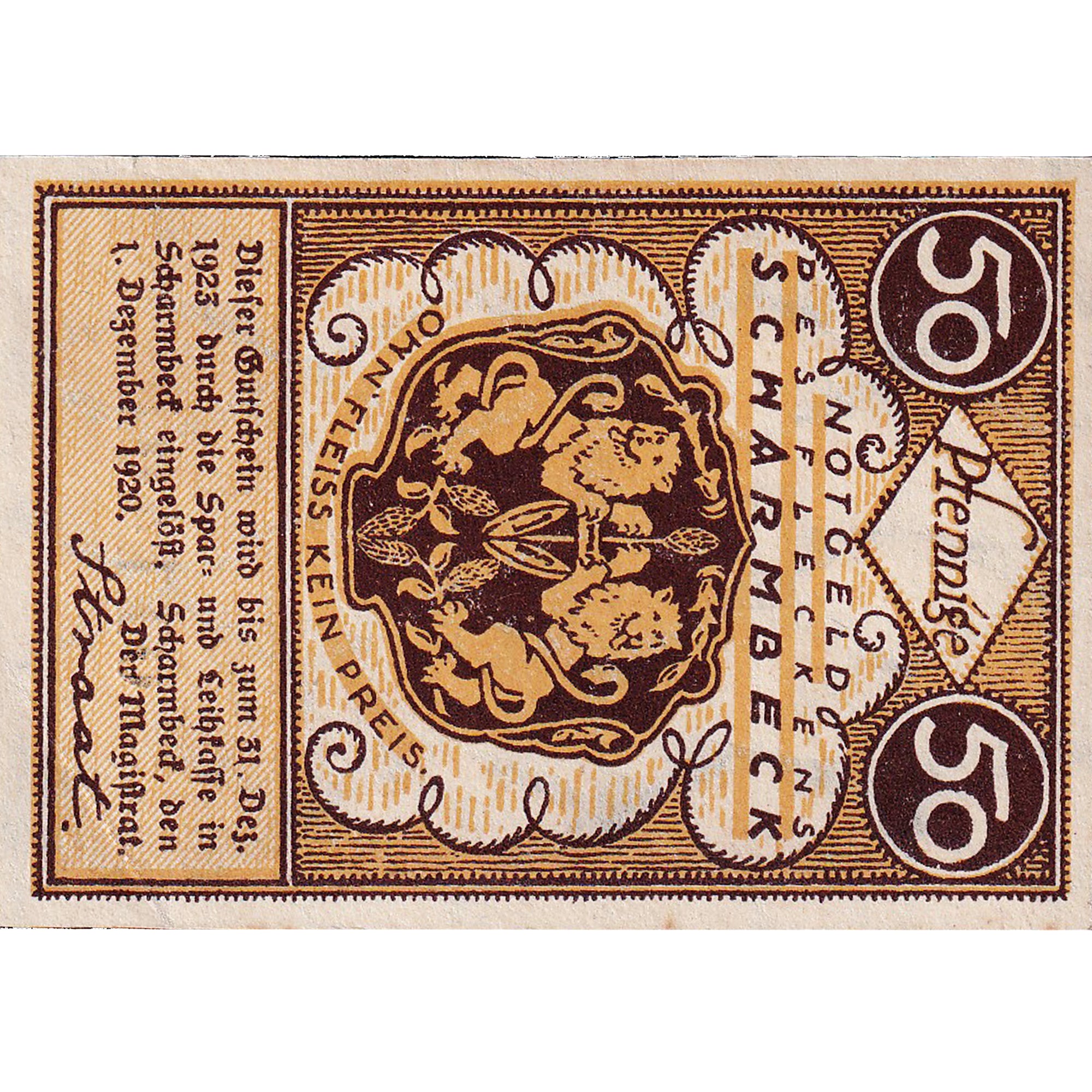 Banconote, Germania, Scharmbeck, 50 Pfennig, Blason, 1920, SPL Mehl:1173.1a