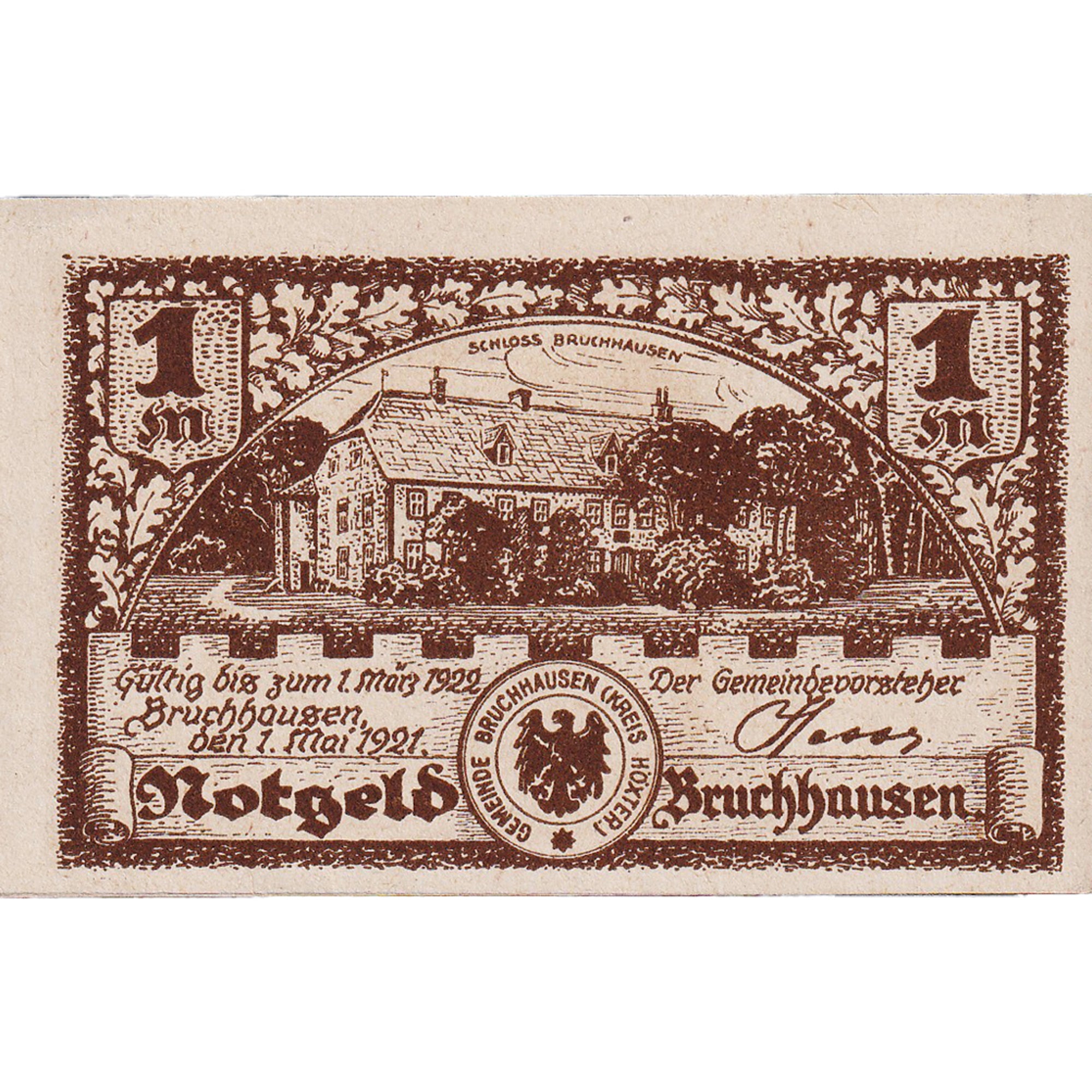 Billete, Alemania, bruchhausen, 1 Mark, ferme, 1921, 1921-05-01, SC, Mehl:190.1