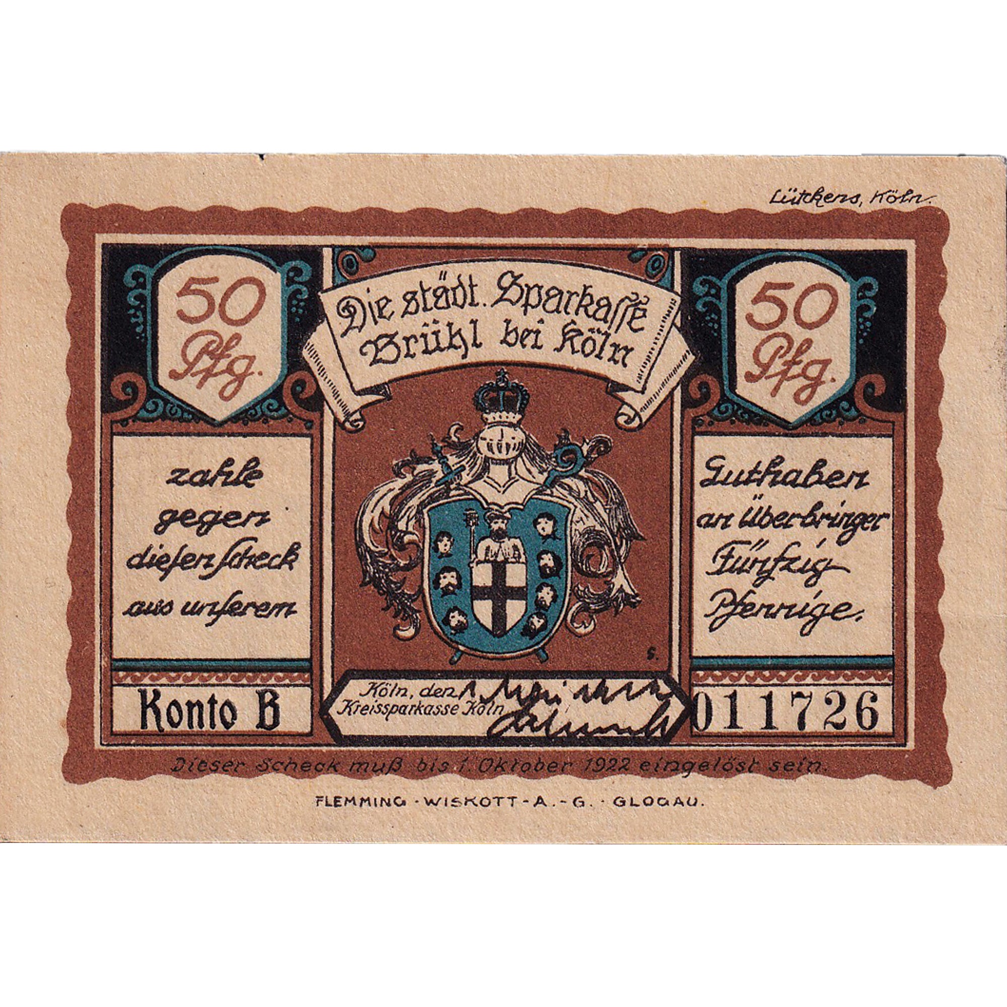 Banconote, Germania, Brühl, 50 Pfennig, village 1922-10-01, SPL Mehl:192.1a