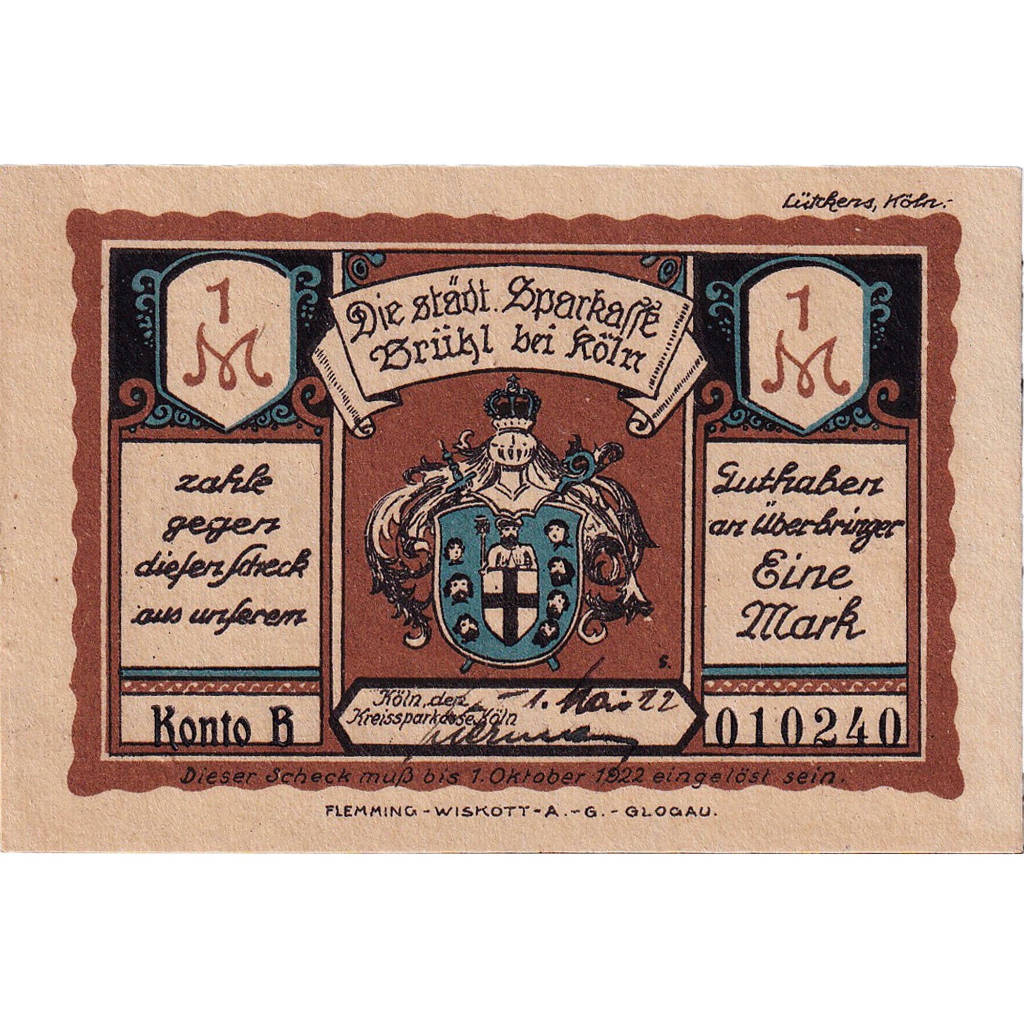 Banknot, Niemcy, Brühl, 1 Mark, château 1922-10-01, UNC(63) Mehl:192.1a