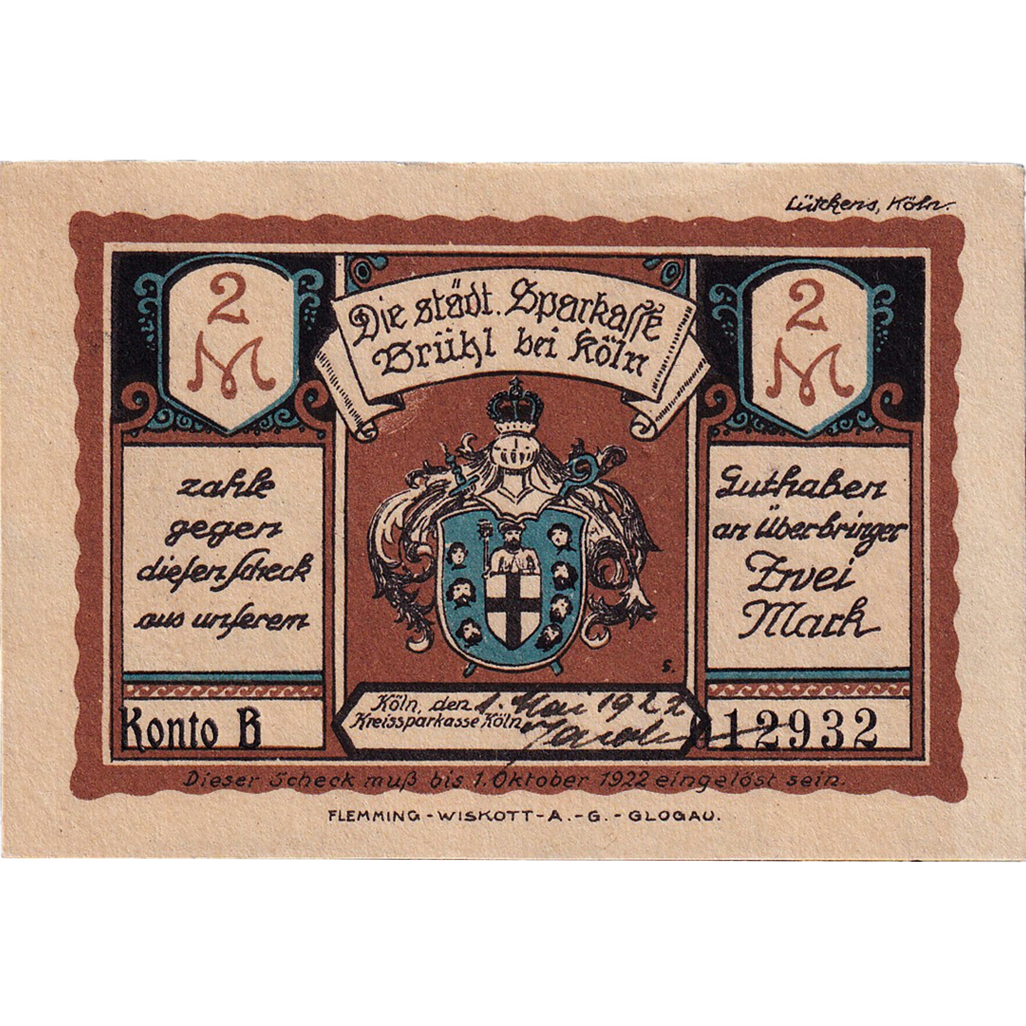 Banconote, Germania, Brühl, 2 Mark, manoir, 1922, 1922-10-01, SPL, Mehl:192.1a