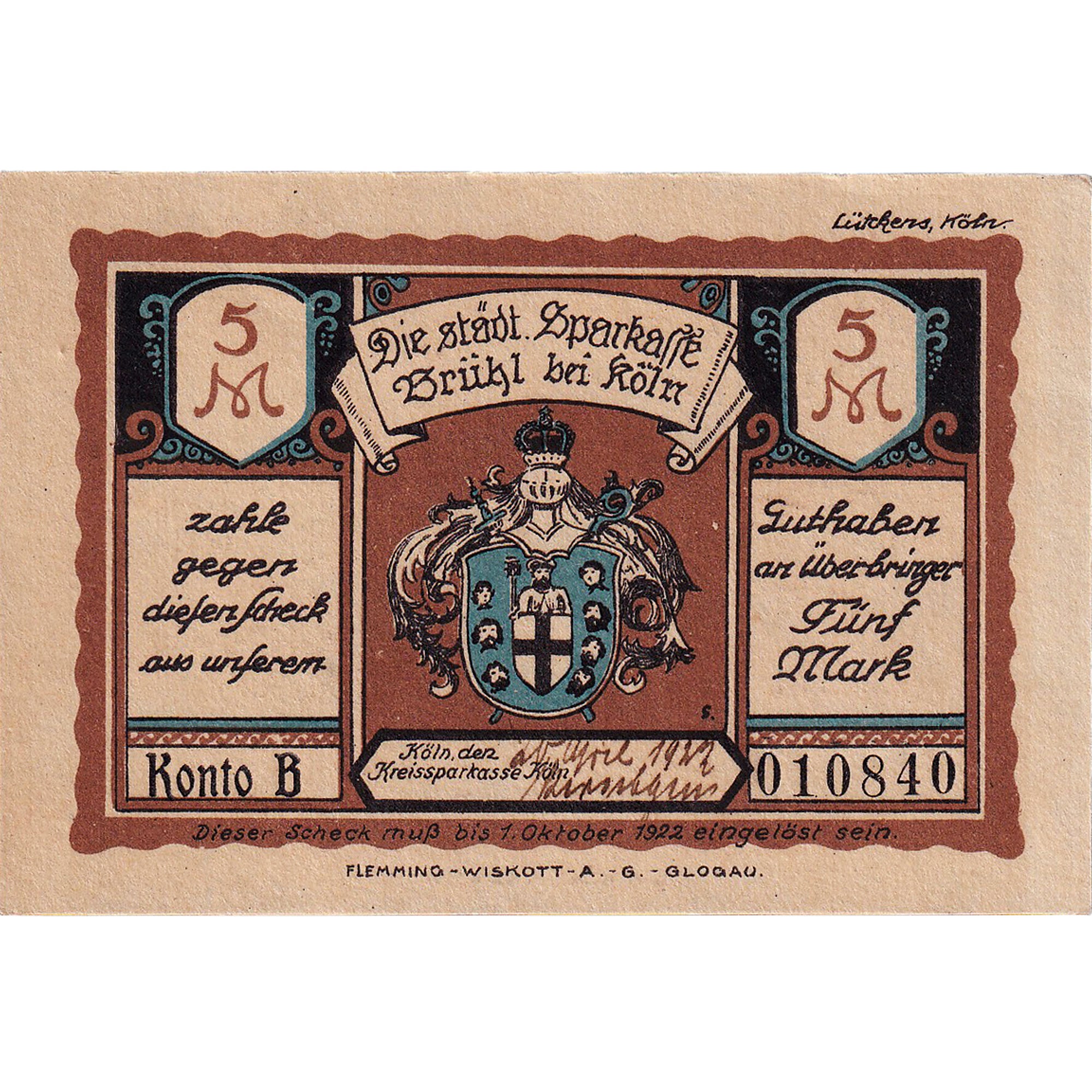 Banconote, Germania, Brühl, 5 Mark, Mine, 1922, 1922-10-01, SPL, Mehl:192.1a