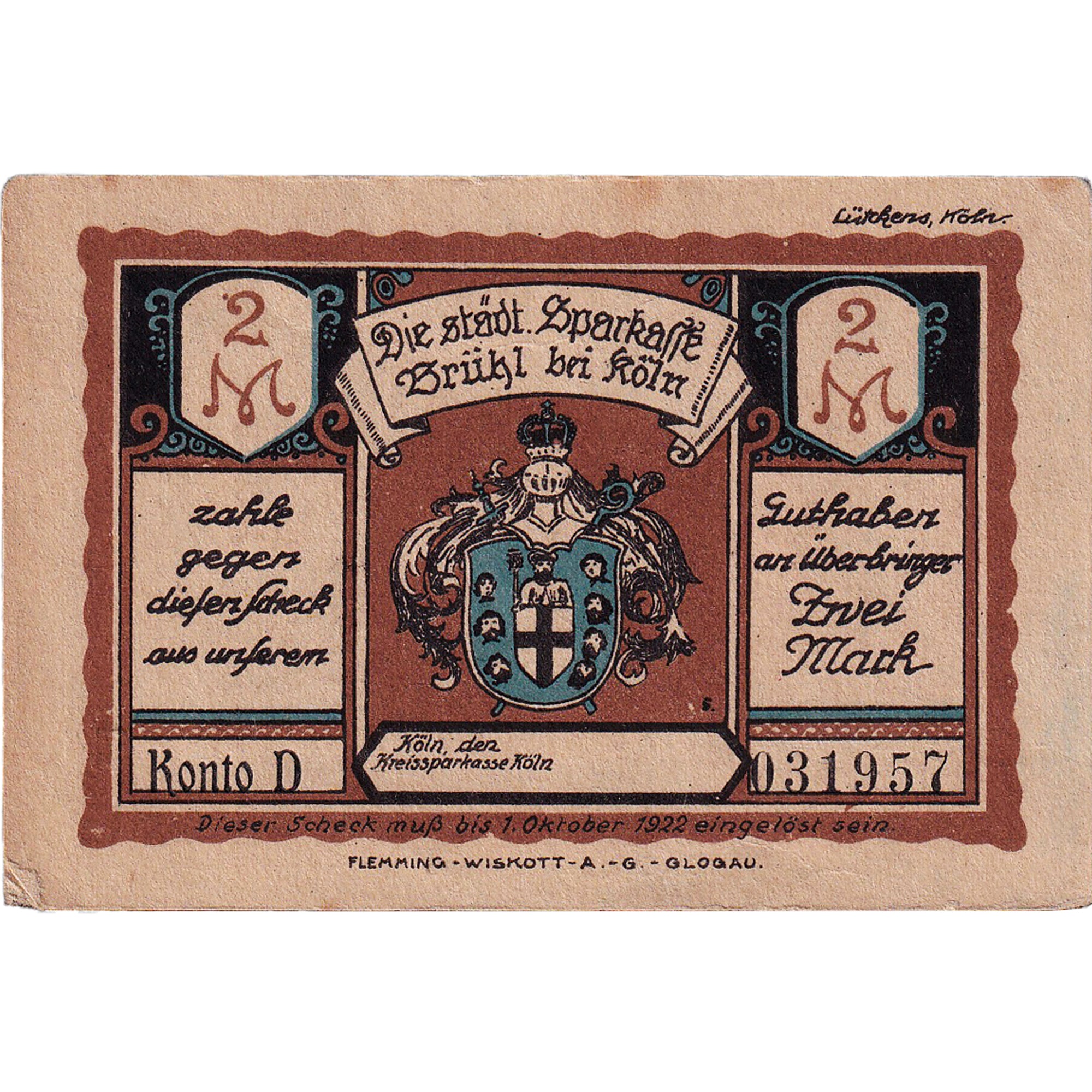 Banconote, Germania, Brühl, 2 Mark, Blason, 1922, 1922-10-01, SPL-, Mehl:192.1a
